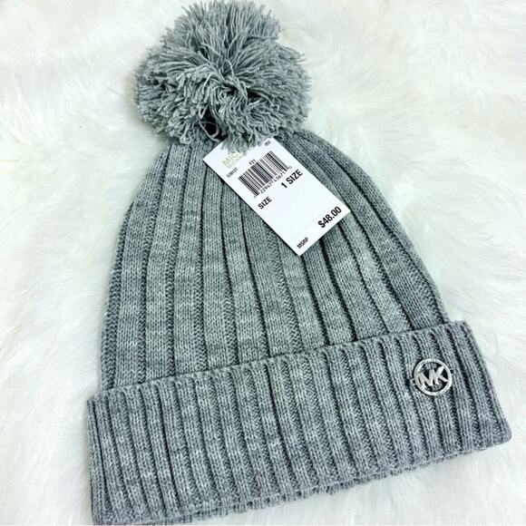 NWT Michael Kors Gray Pom-Pom Beanie Winter Hat Cap Ribbed - Picture 2 of 7